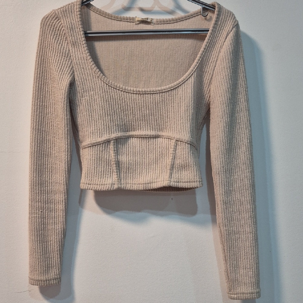 Ardene Beige Ribbed Long Sleeve Crop Top